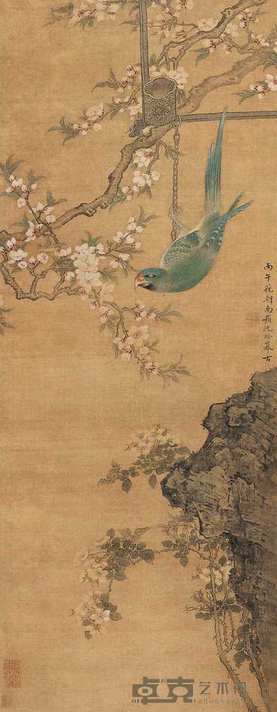 沈铨 1726年作 桃红梨白鹦鹉绿 立轴 101×40cm
